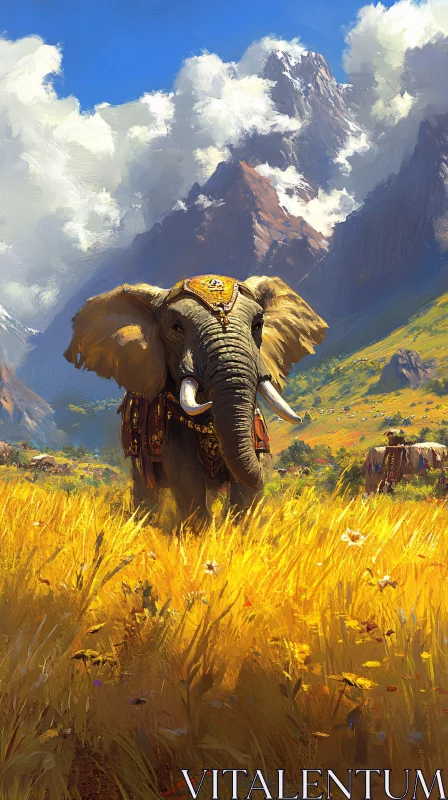 Elephant Amidst Mountains and Fields AI Image