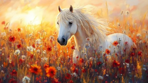 Serene Horse in a Sunset Meadow