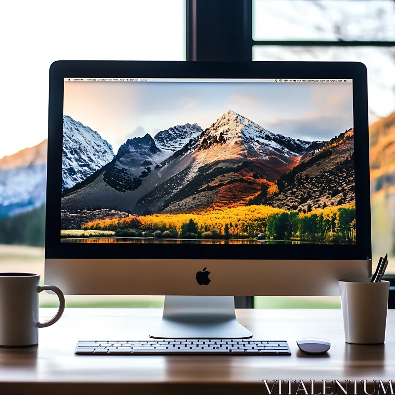 Sleek Desktop Workspace with Mountain View AI Image