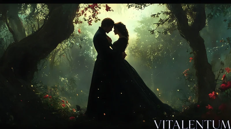 Silhouetted Couple in Woodland Scene AI Image