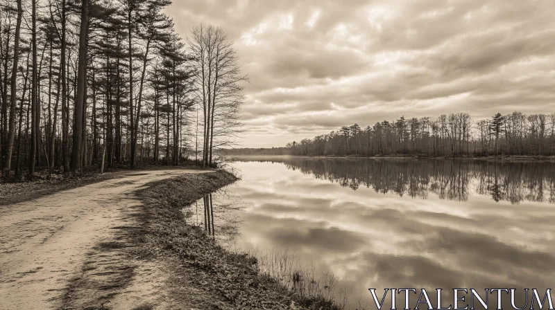 AI ART Serene River with Tree Reflections and Cloudy Atmosphere