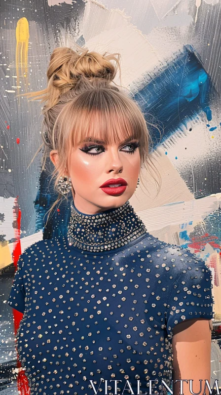 Elegant Portrait of Taylor Swift in Blue Dress AI Image