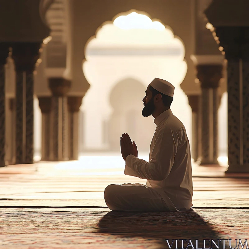 Man in Prayer, Mosque Interior AI Image