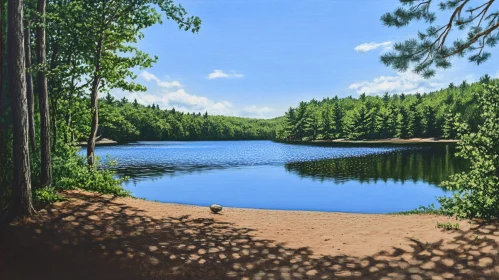 Serene Forested Lake with Sandy Shore