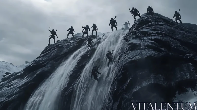 AI ART Mountain Warriors Waterfall Adventure