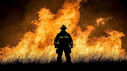 Firefighter Silhouette and Raging Flames