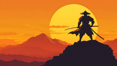 Silhouette of a Samurai at Sunset