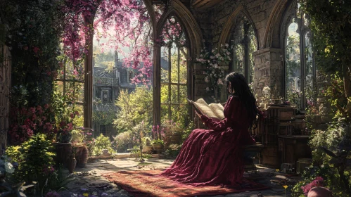 Woman Reading Book in Floral Garden