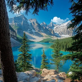 Idyllic Alpine Landscape with Clear Blue Lake and Towering Mountains