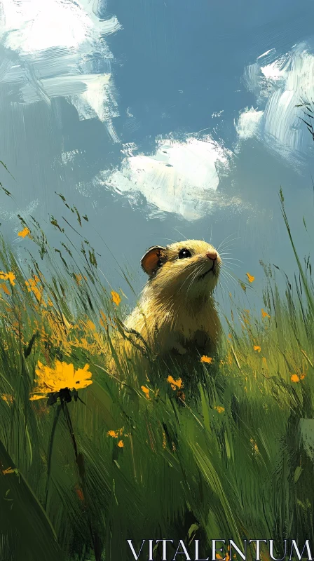 Hamster in a Flowered Meadow AI Image