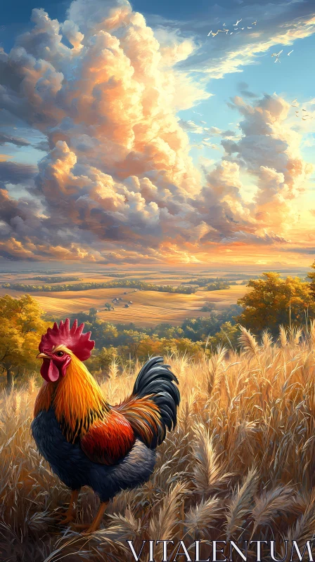 AI ART Countryside Rooster with Sunset Clouds