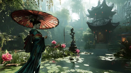 Serene Asian Garden with Woman and Pagoda