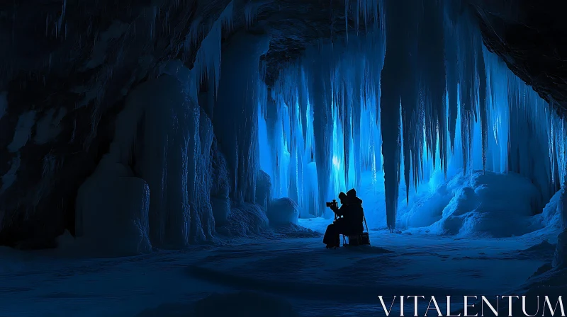 AI ART Icy cavern with photographer silhouette