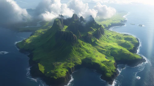 Picturesque Island with Majestic Mountains and Vast Ocean