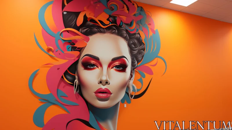 Captivating Female Face Mural in Orange and Crimson for Office Interior AI Image