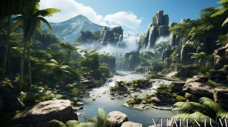 Captivating Jungle Scene with Water and Mountains AI Image