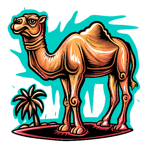 Cartoon Camel on Red Sand Dune with Palm Tree Illustration POD Design