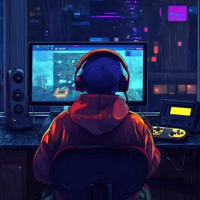 Gamer in Urban Neon Night