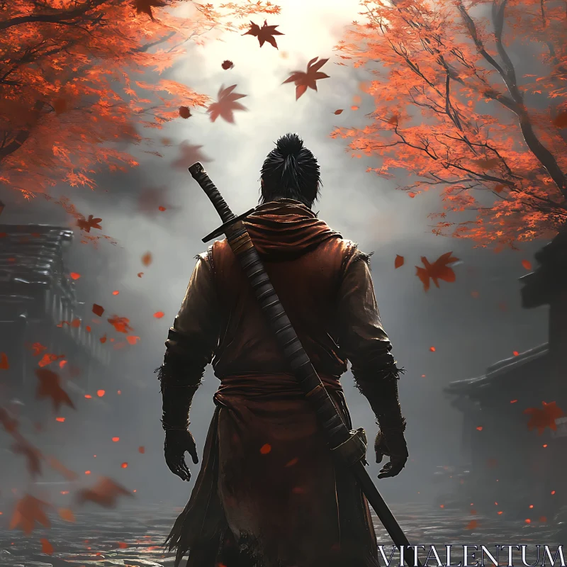 AI ART Samurai in the Fall: A Warrior's Path