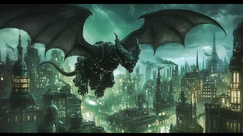 Dragon Over Industrial City At Night