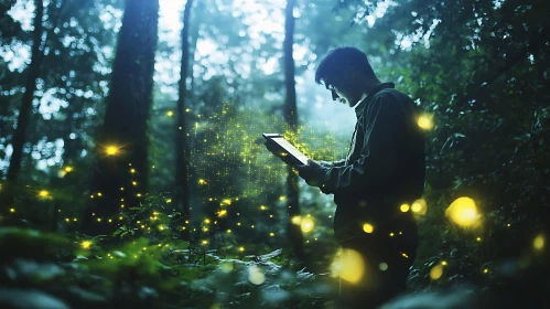 Man with Tablet in Firefly Forest