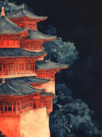 Red and Blue Pagoda Against Dark Sky