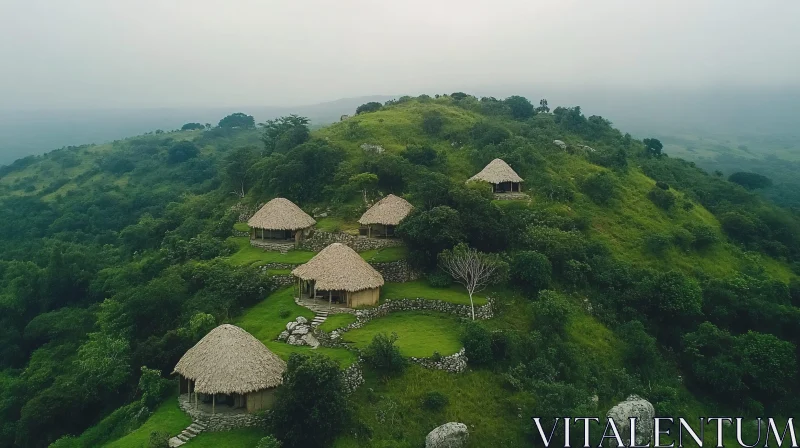 Traditional Huts on Green Hillside AI Image