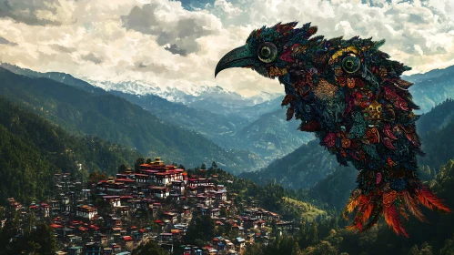 Ornate Bird Overlooking Mountain Settlement