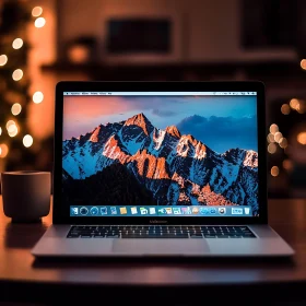 Mountain Landscape on Laptop Screen with Bokeh Lights