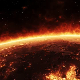 Celestial Body with Intense Flames in Space