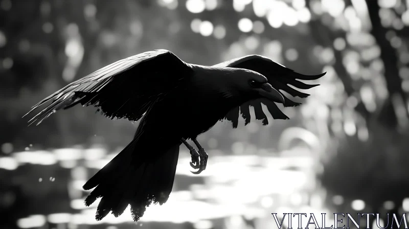 Black and White Raven Soaring AI Image