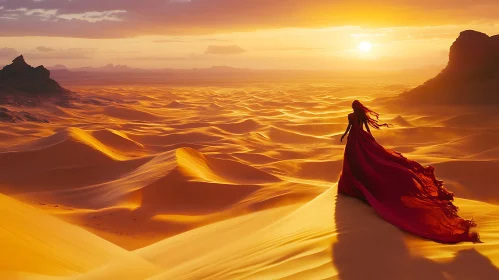 Desert Mirage: Woman in Red at Dusk