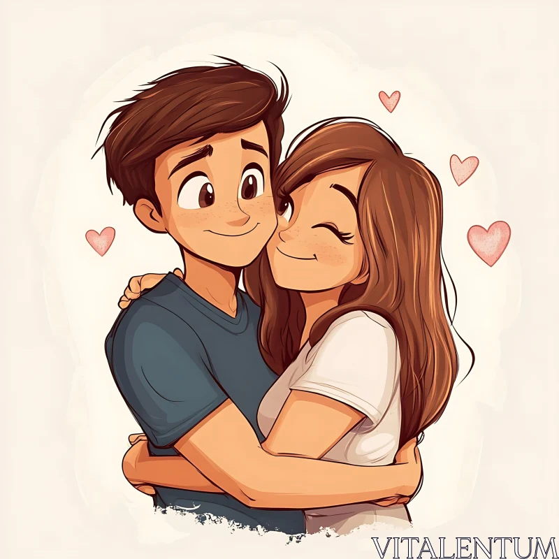 Cartoon Couple Hug with Hearts AI Image