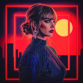 Digital Art of Taylor Swift Against Neon Background