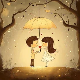 Sweet Cartoon Love Scene with Umbrella