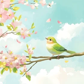 Green Bird and Pink Blossoms Art