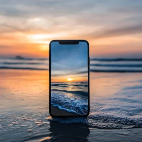Ocean Sunset Reflected on Phone Screen