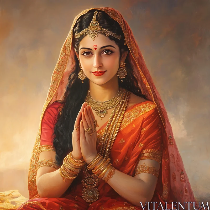 Serene Woman in Traditional Sari AI Image