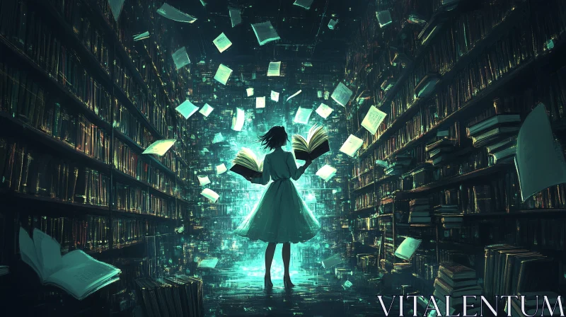 Woman Reading in Magical Library AI Image