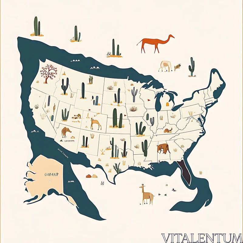 AI ART Desert Animal and Cactus Map of the USA