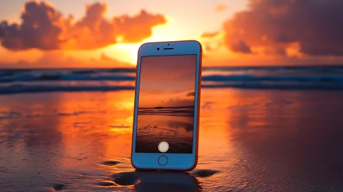 Phone on Beach at Sunset