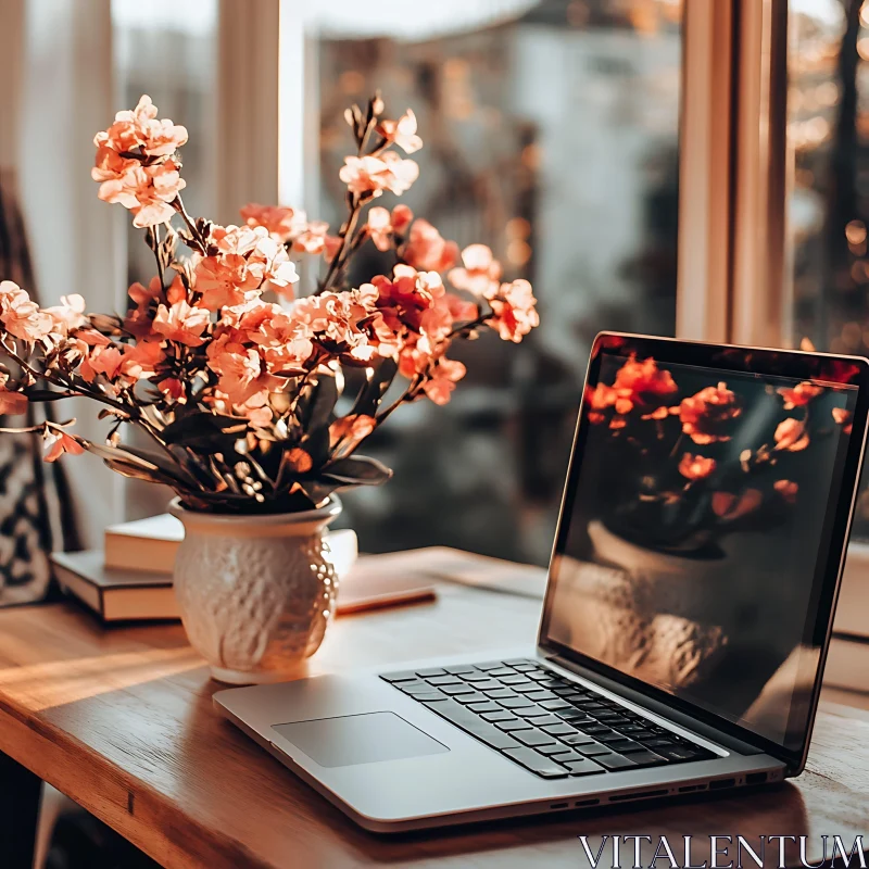 Serene Home Office with Floral Touch and Sunlight AI Image