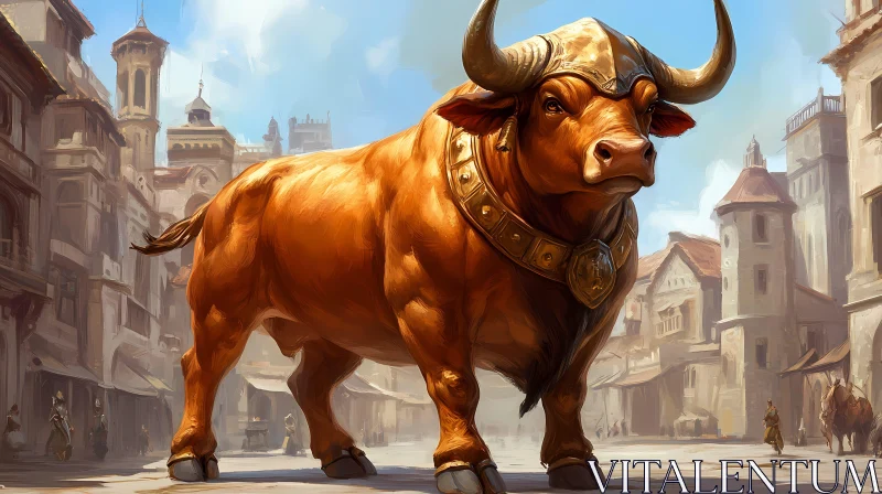 Ornate Bull in Ancient Town AI Image