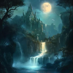Enchanting Castle with Waterfalls Under Moonlight