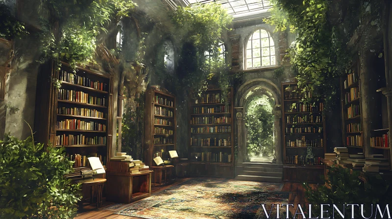 AI ART Nature's Embrace: A Library Reclaimed