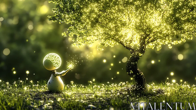 Robot and Glowing Tree in Field AI Image