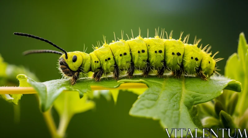 Green Caterpillar on Leaf: A Feast in Nature's Canvas AI Image