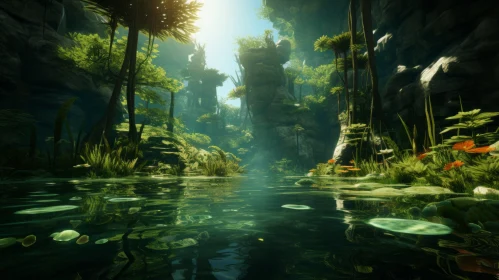 Green Jungle Scenes Wallpaper with Zen-inspired Scenery