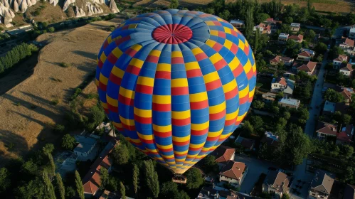 Hot Air Balloon Over Town | Colorful Nature Artwork