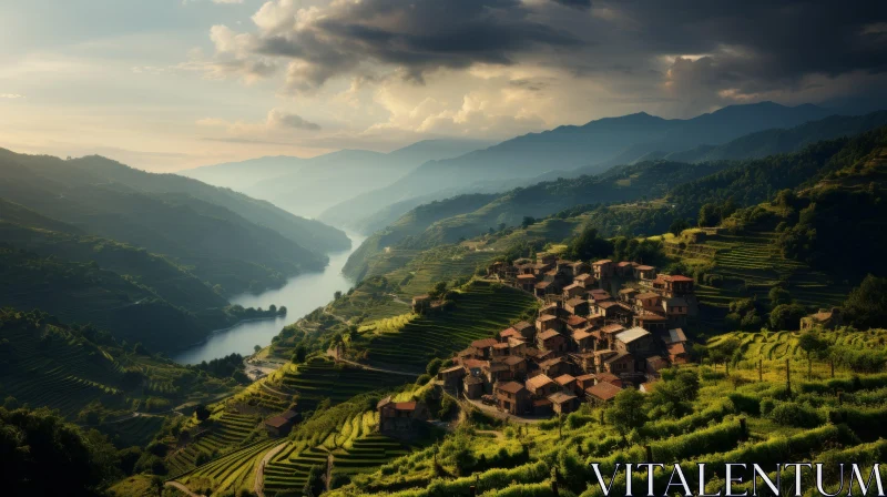Italianate Village by River Valley: A Gongbi Inspired Scene AI Image
